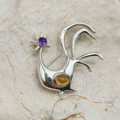Vintage Mies De Wilde Sterling Silver Rooster Brooch with Amethyst and Citrine