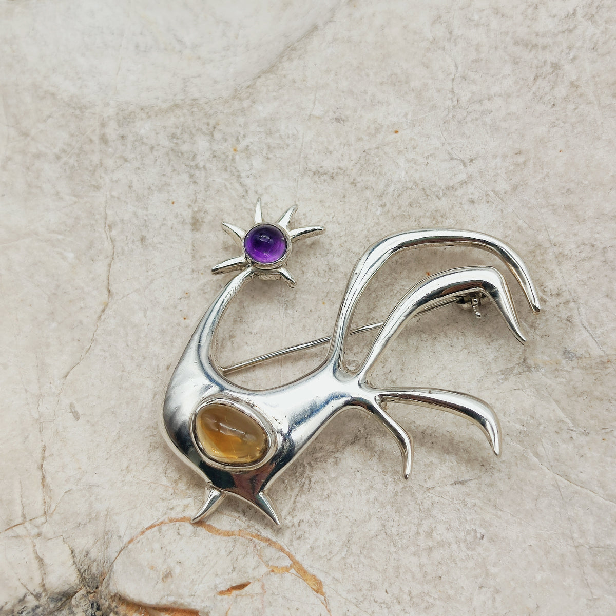 Vintage Mies De Wilde Sterling Silver Rooster Brooch with Amethyst and Citrine