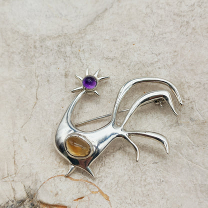 Vintage Mies De Wilde Sterling Silver Rooster Brooch with Amethyst and Citrine