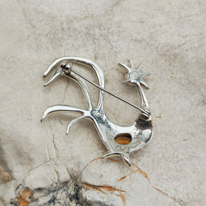 Vintage Mies De Wilde Sterling Silver Rooster Brooch with Amethyst and Citrine