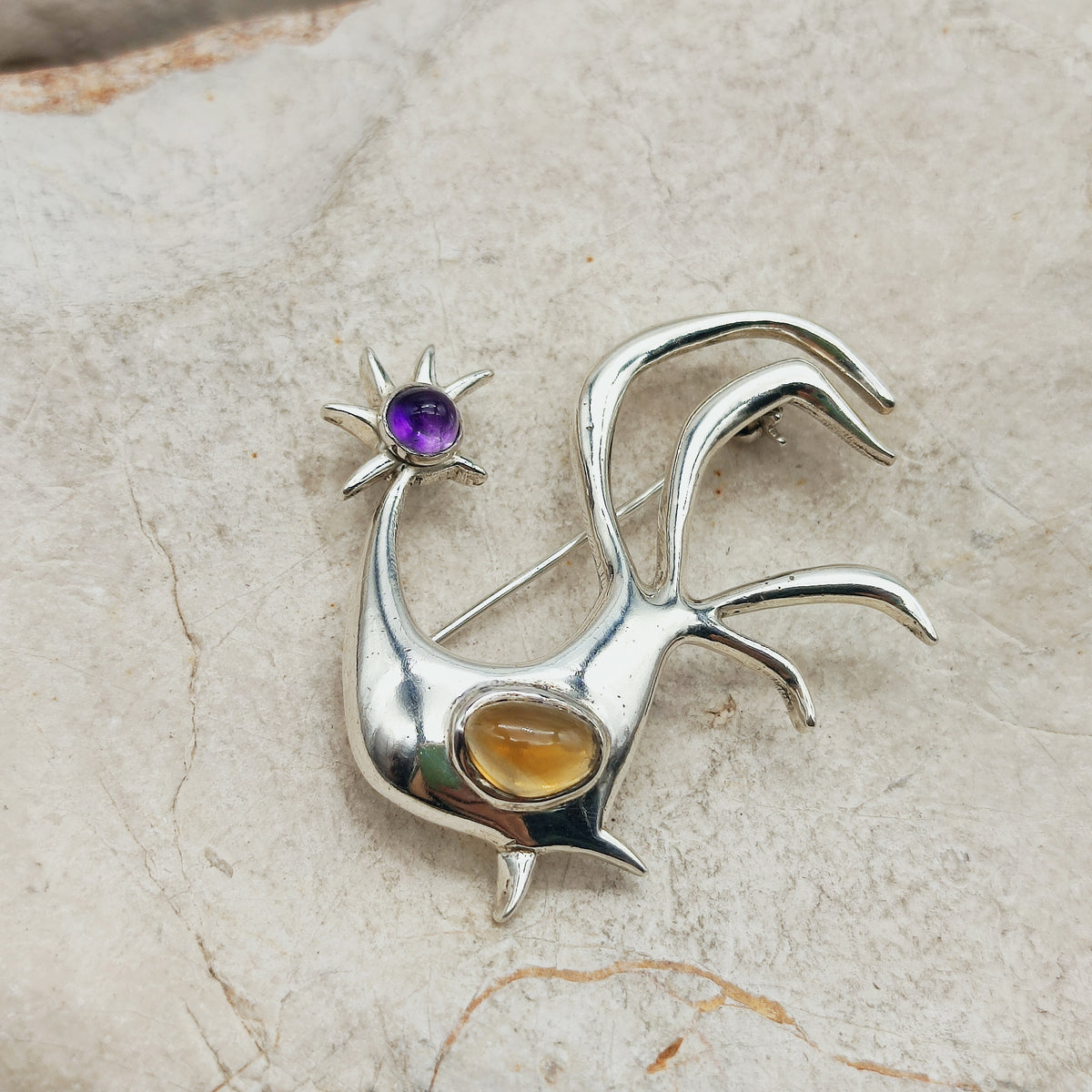 Vintage Mies De Wilde Sterling Silver Rooster Brooch with Amethyst and Citrine