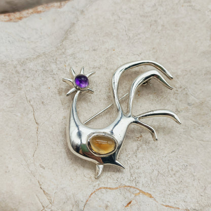 Vintage Mies De Wilde Sterling Silver Rooster Brooch with Amethyst and Citrine