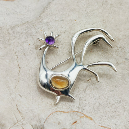 Vintage Mies De Wilde Sterling Silver Rooster Brooch with Amethyst and Citrine