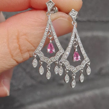 9ct White Gold Diamond and Pink Sapphire Chandelier Earrings