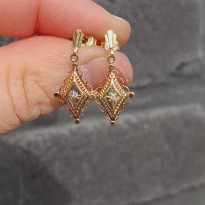 Antique 9ct Gold star set Diamond Drop Earrings – circa 1900
